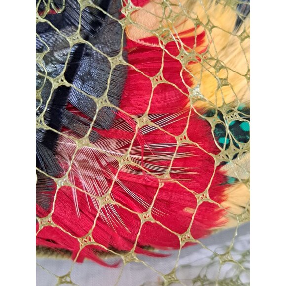 Vintage Pillbox Hat Green Pheasant Feather Multicolor Netting Retro Womens OS - Picture 5 of 11